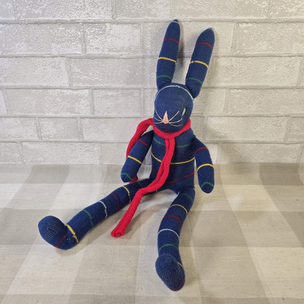 Adorable Sock Style Plush Stuffed Bunny Wearing Scarf Toy Blue Stripes Handmade